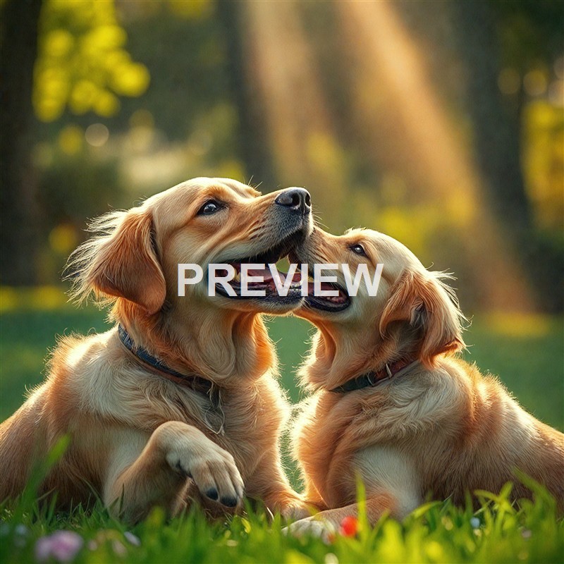 Two golden retriever puppies are lying on the grass in a park, playfully touching noses with their mouths open and sunlight filtering through trees in the background.